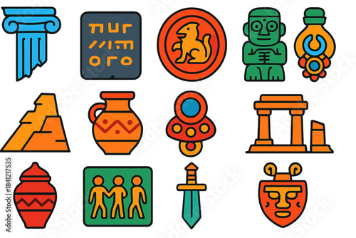 Forgotten Civilization Icons. Flat vector icons of Forgotten Civilizations: broken column, stone tablet, ancient seal, carved idol