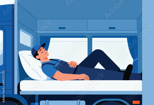 A worker in blue uniform rests in a truck's sleeper. Simplified illustration shows tranquility and exhaustion