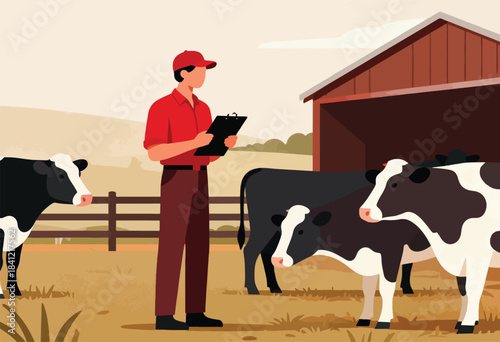 An agricultural scene depicting a farmworker with clipboard and three cows on a farm. A barn is in the background