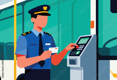 A uniformed transit officer with a card, using a terminal, likely to validate passage on a public bus