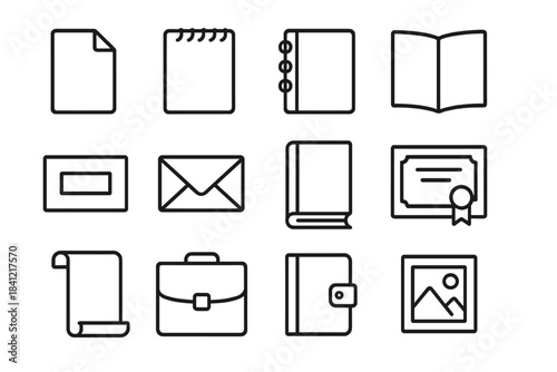 Line Style Paper Icons. Line style icons of finished paper works: folio sheet, sketch pad, notebook, journal; card, envelope,