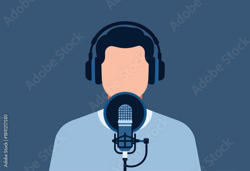 Graphic illustration of a person with headphones, facing forward, speaking into a microphone, blue theme