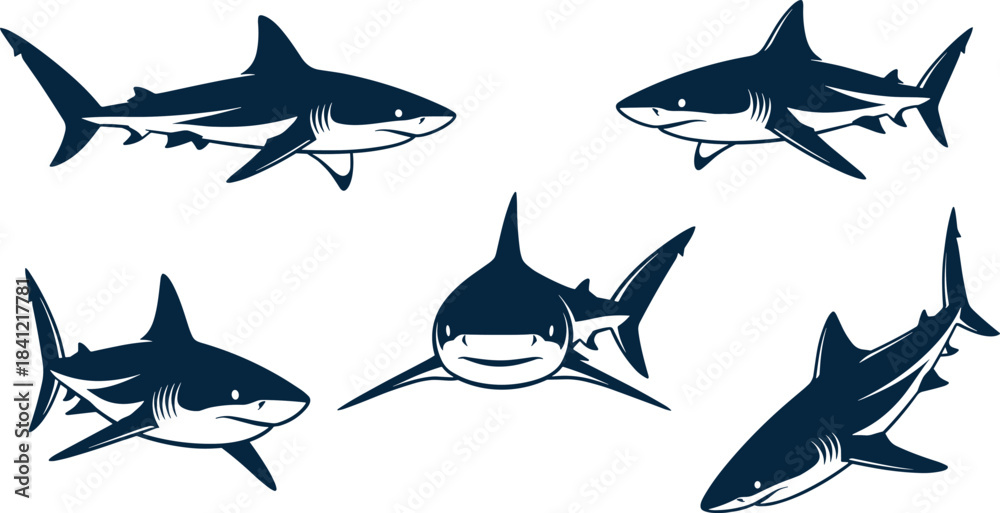 Fototapeta premium Set of stylized shark illustrations showing various swimming poses, aggressive and friendly expressions, marine wildlife design elements for ocean themed artwork and graphics