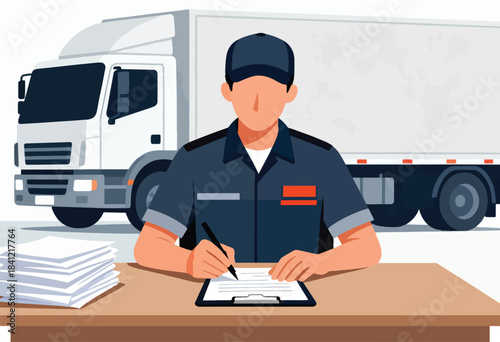 A faceless figure in uniform sits at a desk, writing. A white truck is behind, with stacks of paper at the side