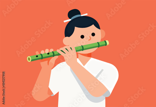 A stylized illustration of a person playing a green flute against a coral-colored background