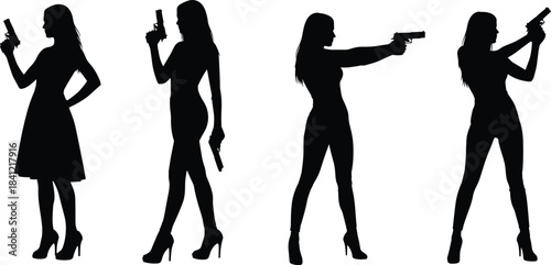 Silhouette collection of armed women in action poses holding pistols, representing spy, agent, security and defense concepts for creative design use