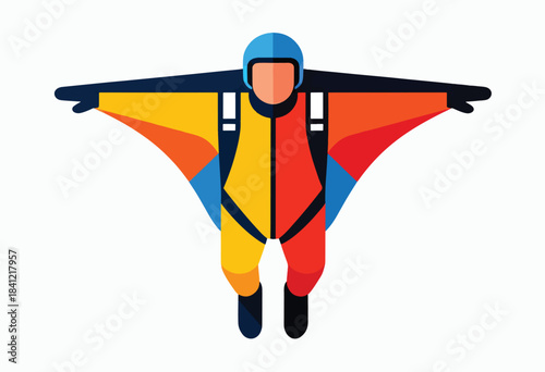 A colorful, minimalist illustration of a wingsuit flier in mid-air, arms outstretched, against a white backdrop