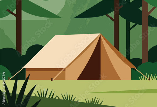 Illustration of a campsite, a tent set up in a forest setting with trees and foliage