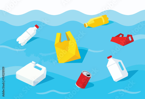 Colorful illustration depicts various plastic waste items floating in blue water. Simple forms and shapes define the scene