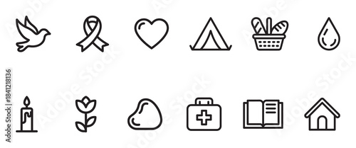 Collection of simple line icons representing peace health and community perfect for web design and apps