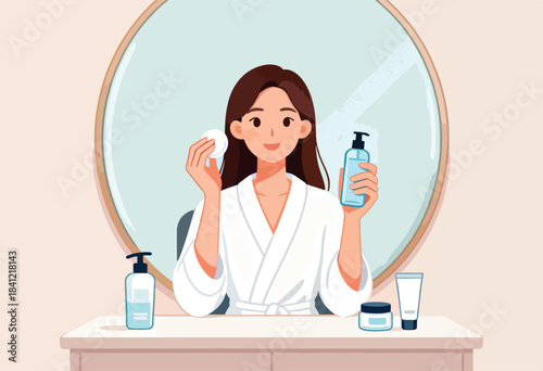A woman in a white robe applies skincare in front of a mirror, holding toner and a cotton pad. Beauty products sit on the table