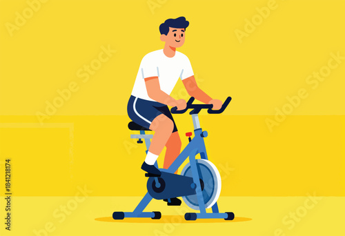A cartoon male figure is exercising on a stationary bike, with a yellow background