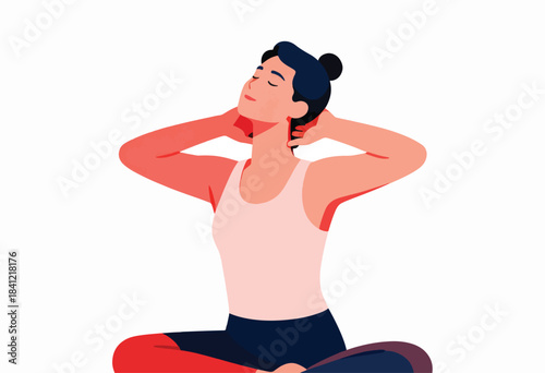 Vector illustration of a woman in a tank top, eyes closed, hands at neck, in a seated, cross-legged pose