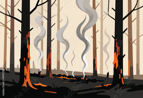 A stylized illustration depicting a forest fire with burning trees and wisps of smoke rising into the air