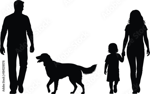 Silhouette family walking together with child and dog, father mother and kid holding hands, happy outdoor lifestyle concept for parenting and pet care