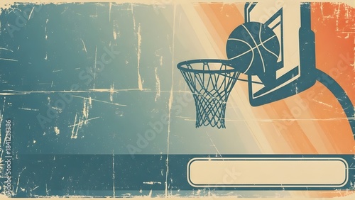 Vintage basketball hoop and ball illustration with grunge texture and color gradient background.