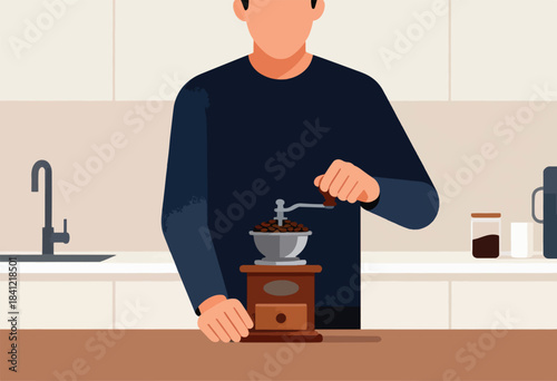 Illustration of a person using a hand grinder to make coffee, kitchen setting