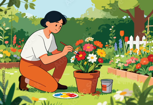 A person kneels, painting vibrant flowers in a pot, surrounded by a lush garden with a white picket fence
