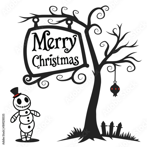 Whimsical nightmare before christmas style merry christmas scene, A spooky yet festive scene featuring a stylized snowman and a bare tree with a Merry Christmas sign and a hanging ornament.