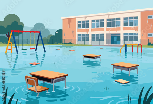 A flooded schoolyard scene features submerged desks, a playground, and a building under gloomy skies
