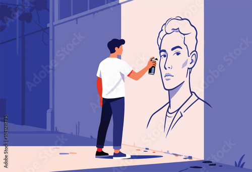 A person uses spray paint to create a street art mural of a portrait. The mural is on a wall