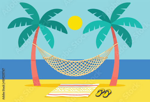 Simple illustration of a beach scene. Two palm trees, a hammock, a beach towel, and flip flops. Blue sky and ocean