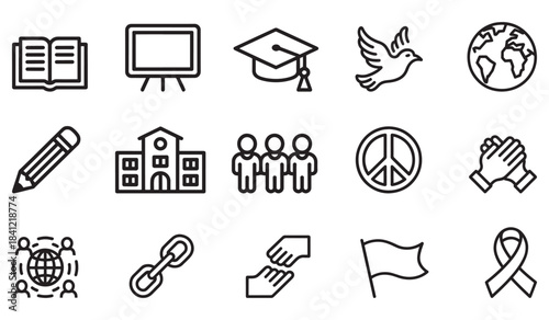 Set of education and peace icons minimalist vector symbols for global unity and learning isolated on white background