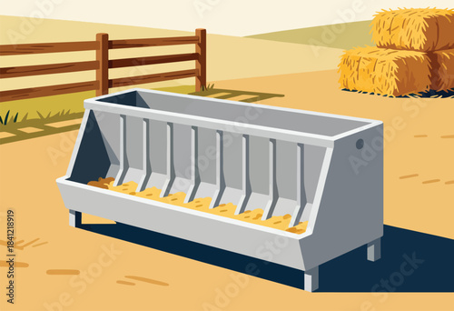 A rural scene depicts a concrete trough filled with feed, a wooden fence, & hay bales against a light brown backdrop