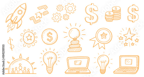 Doodle icons for business finance and startup concepts hand-drawn vector elements for web and presentations isolated on white