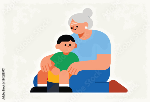 A digital illustration depicts a smiling older woman embracing a young child. They are seated in a warm embrace
