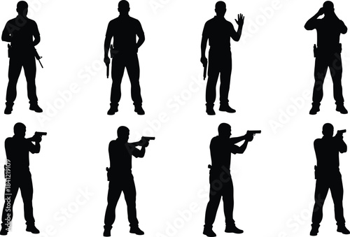 Silhouettes of security personnel with firearms in various poses, law enforcement training figures, armed guard illustration set for safety concepts