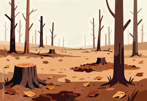 An illustration depicts a deforested area with bare trees and fallen leaves, evoking a sense of loss and environmental concern