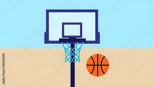A graphic illustration of a basketball hoop with a net and an orange basketball on a court with a two-tone background.