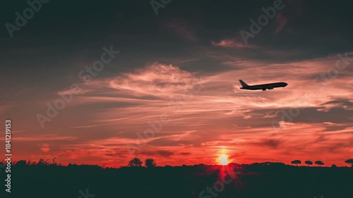 A silhouette of an airplane taking off at sunset