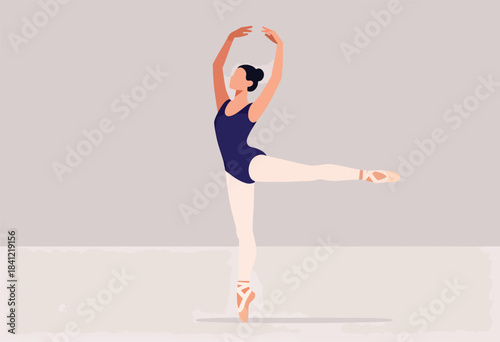 A ballerina in a leotard and pointe shoes performs, arms raised, one leg extended in a dance studio