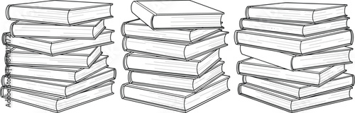Stacked books illustration in detailed line art style, educational literature pile drawing, hand-drawn book bundles for study, library, reading themes