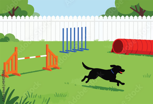 A black dog runs through an agility course with jumps, poles, and a tunnel in a sunny backyard