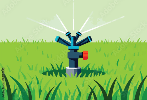 An animated illustration of a lawn sprinkler watering the green grass, with sprays of water
