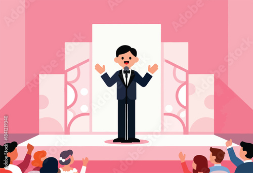 Cartoon stage scene with speaker in a tuxedo addressing an audience, all in a pink color scheme