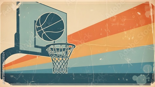 Retro vintage basketball hoop and ball illustration with distressed texture and colorful striped background.