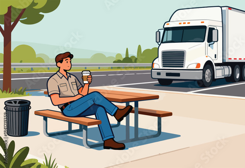 A trucker relaxes with coffee on a picnic bench at a roadside rest stop, semi-truck parked nearby