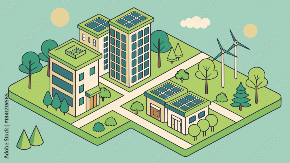 Fototapeta premium Eco Friendly Green City Vector Illustration – Sustainable Urban Development, Eco Architecture & Clean Energy Concept Art