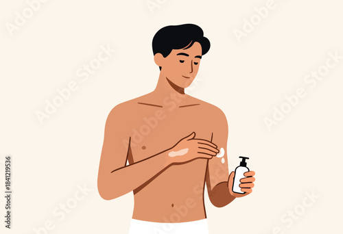 A stylized illustration of a man applying lotion to his arm, with a bottle in hand