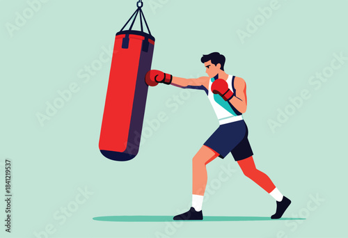Vector illustration of a boxer throwing a punch at a red punching bag, training in a gym