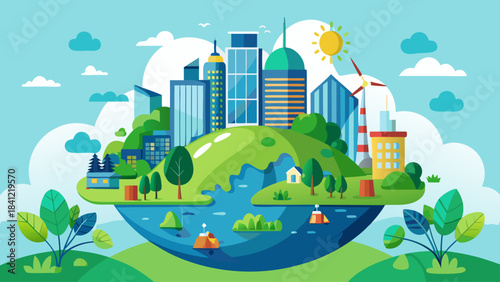 Eco Friendly Green City Vector Illustration – Sustainable Urban Development, Eco Architecture & Clean Energy Concept Art
