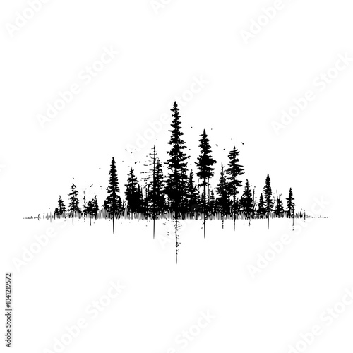 Black Pine Forest Silhouette Isolated on White Background