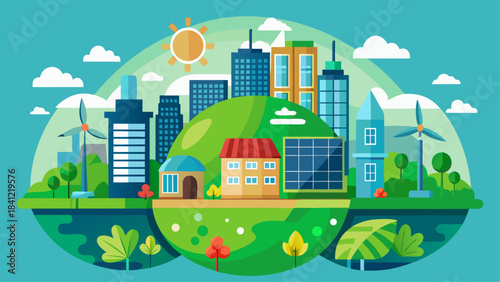 Eco Friendly Green City Vector Illustration – Sustainable Urban Development, Eco Architecture & Clean Energy Concept Art