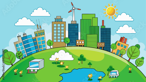 Eco Friendly Green City Vector Illustration – Sustainable Urban Development, Eco Architecture & Clean Energy Concept Art