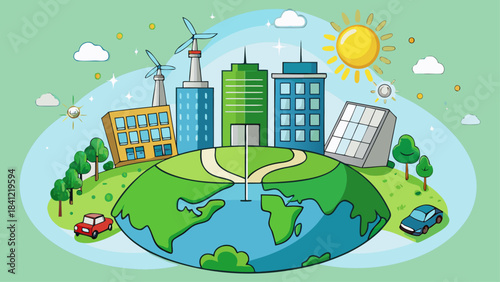 Eco Friendly Green City Vector Illustration – Sustainable Urban Development, Eco Architecture & Clean Energy Concept Art