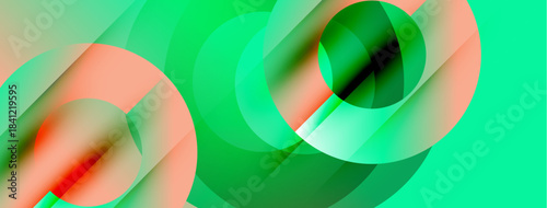 Abstract composition featuring overlapping circles. Green, coral, white hues blend creating dynamic visual effect. Smooth gradients dominate design.